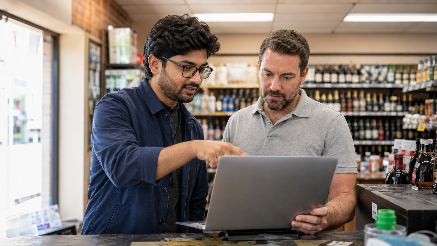 Developer and store owner reviewing custom development