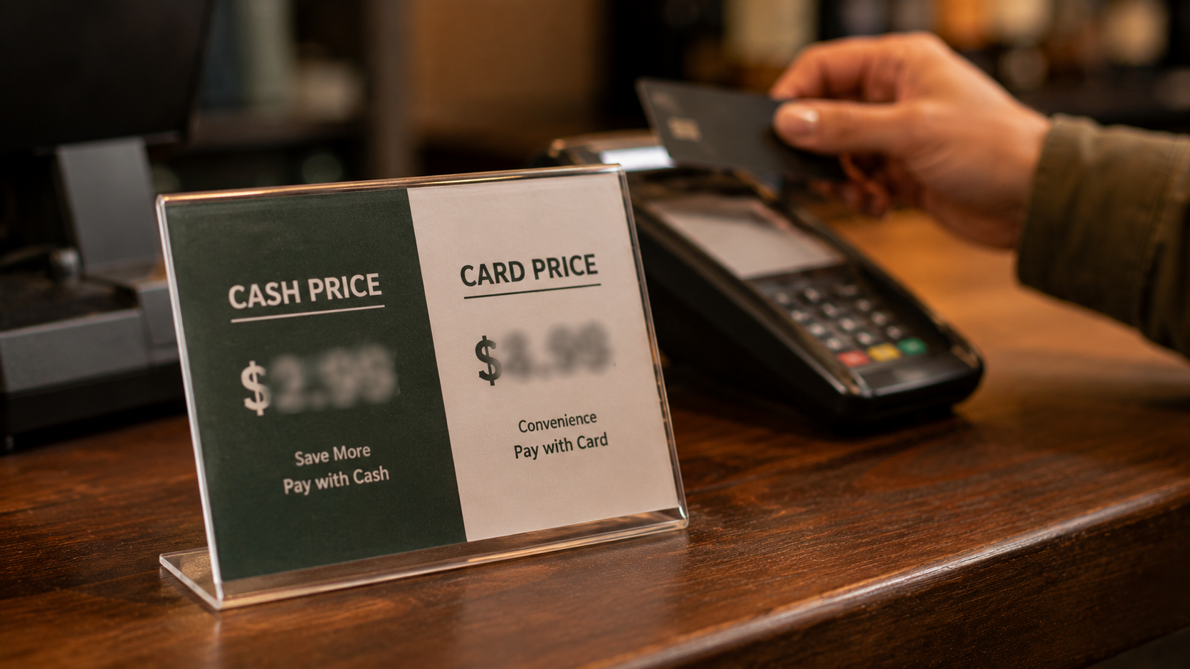 Cash price and card price signage