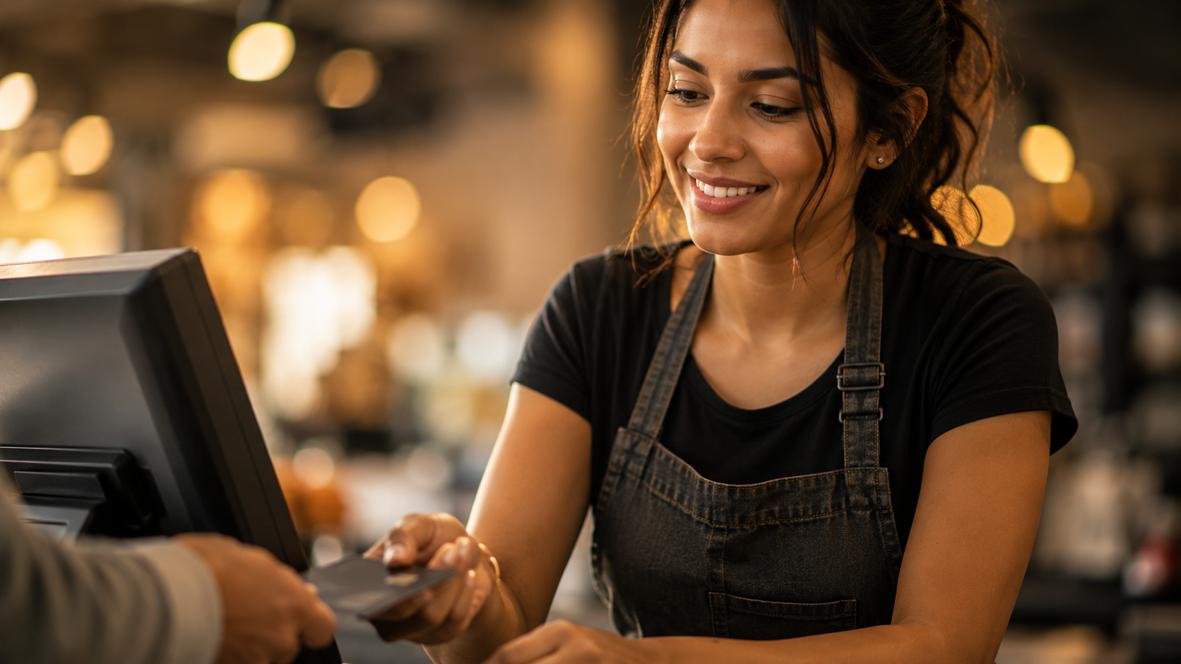 Store owner at counter